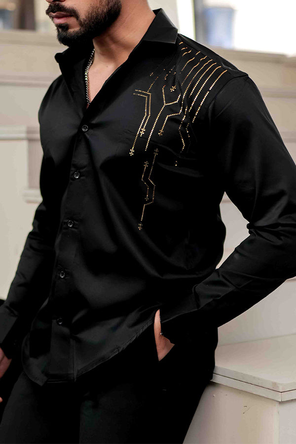 Party Graphic Print Satin Long Sleeve Shirt