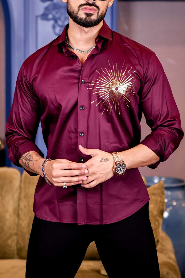 Party Fireworks Print Satin Long Sleeve Shirt