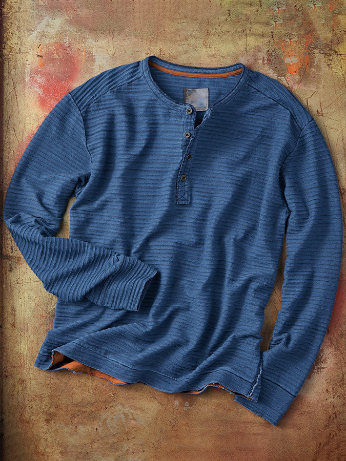 Retro Half Button Rib Knit Henley Shirt