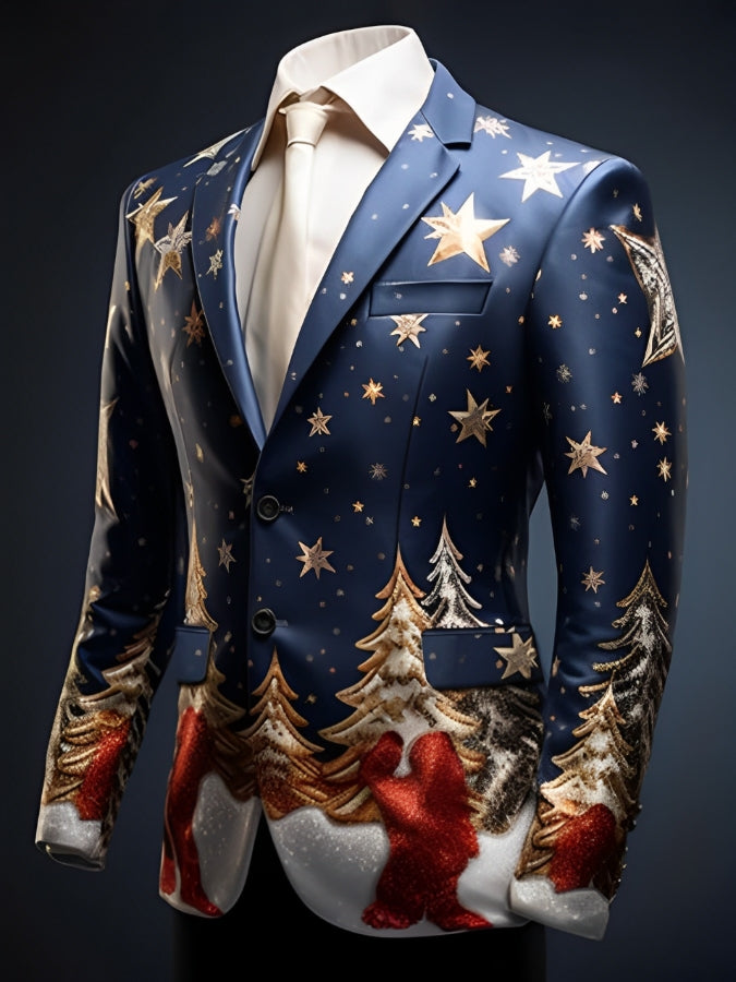 Trendy Star Christmas Tree Print Long Sleeve Blazer