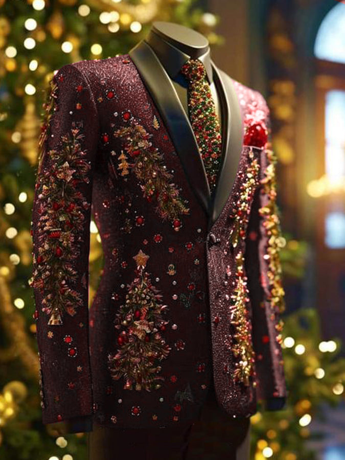 Retro Christmas Tree Print Long Sleeve Blazer