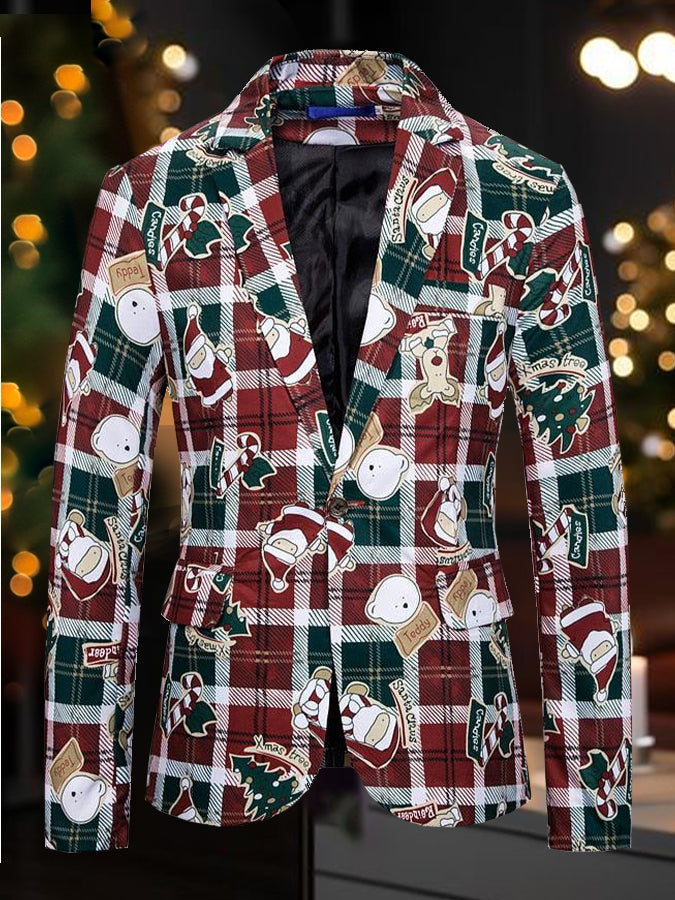 Christmas Santa Claus Print Single Breasted Blazer