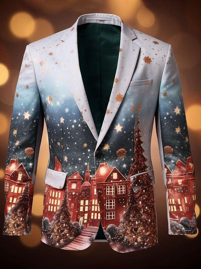 Christmas Town Print Long Sleeve Blazer