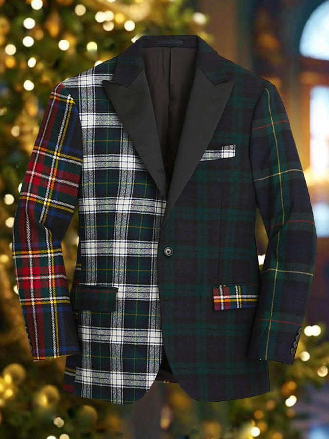  Christmas Patchwork Plaid Long Sleeves Blazer