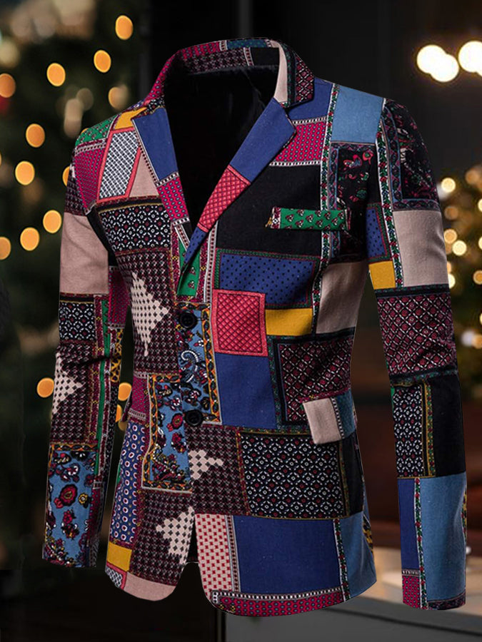 Christmas Notch Lapel Patchwork Print Blazer