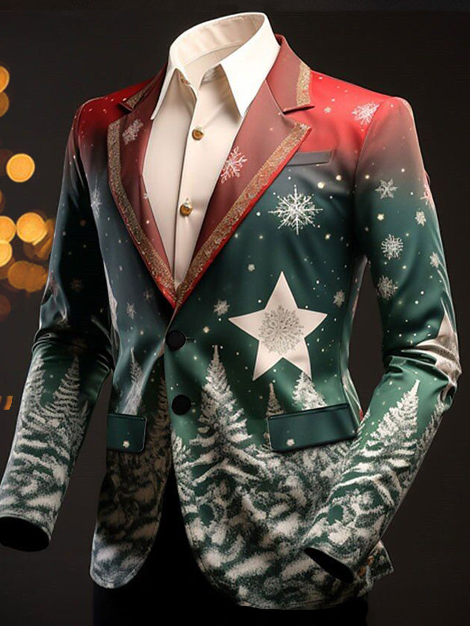 Chic Christmas Stars Print Long Sleeve Blazer