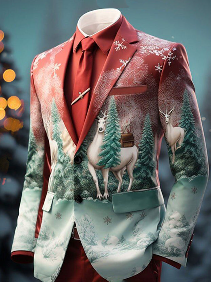 Christmas Deer Print Long Sleeve Blazer