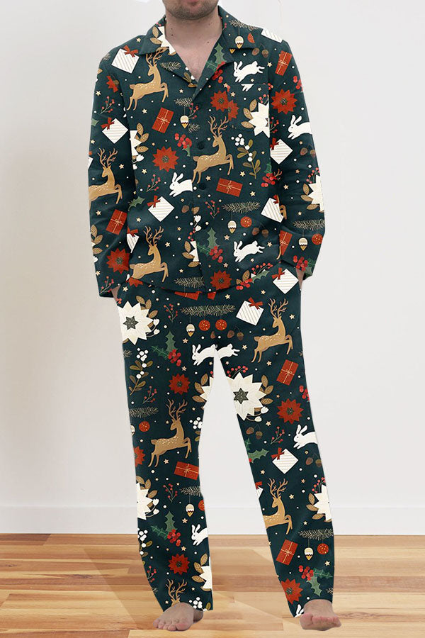 Christmas Elk Print V-Neck Top & Pants Set