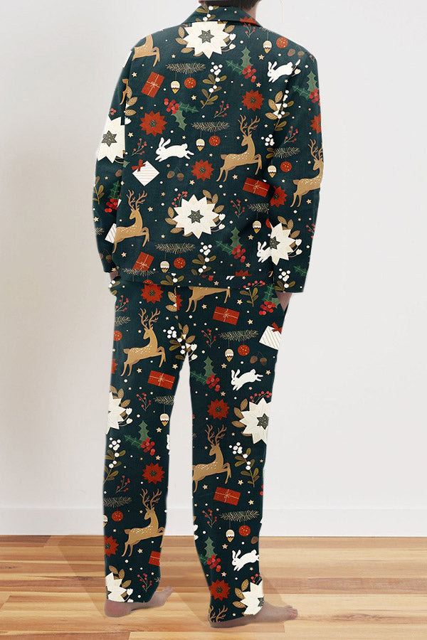 Christmas Elk Print V-Neck Top & Pants Set