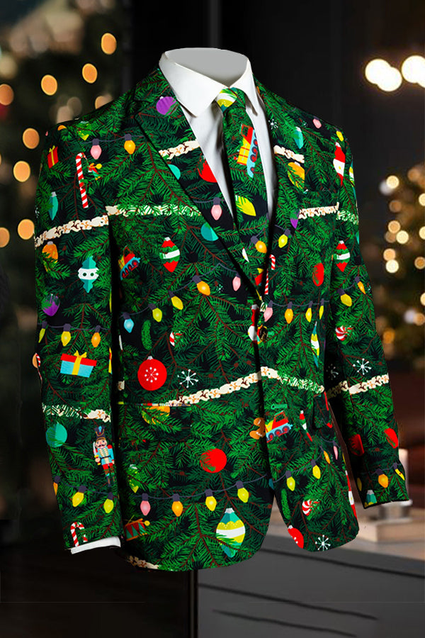 Christmas Notch Lapel Tree Print Blazer