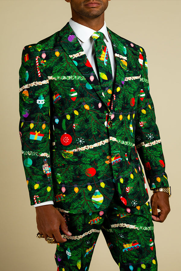 Christmas Notch Lapel Tree Print Blazer