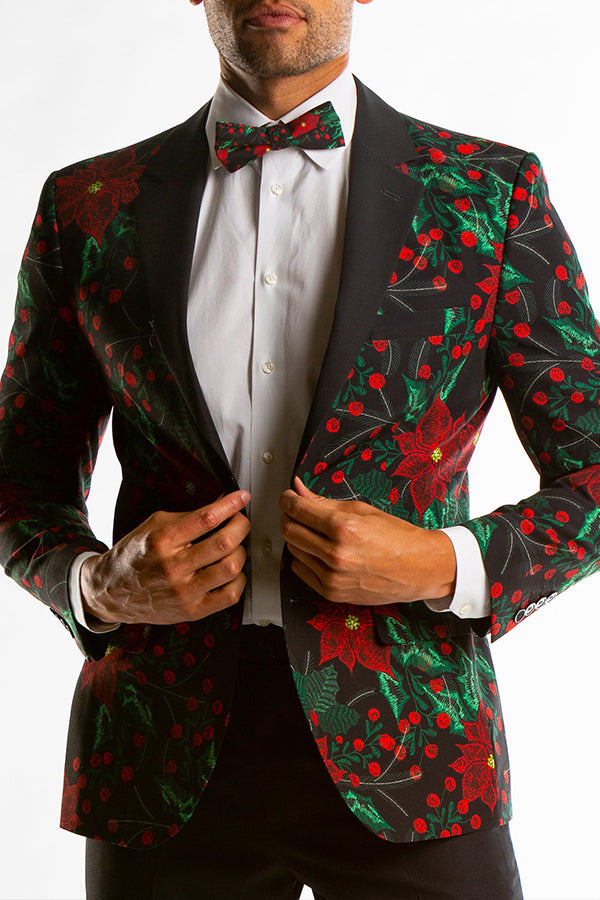 Christmas Poinsettia Print Notch Lapel Blazer