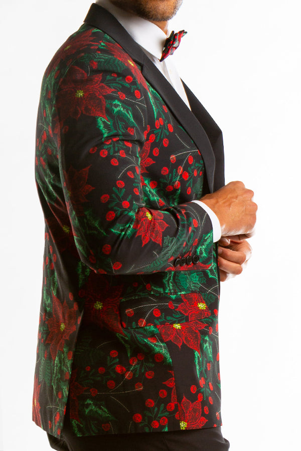 Christmas Poinsettia Print Notch Lapel Blazer