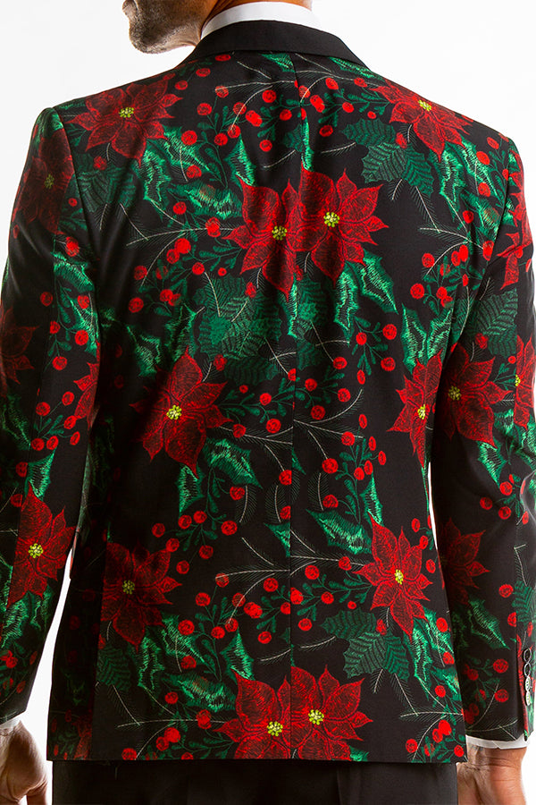 Christmas Poinsettia Print Notch Lapel Blazer