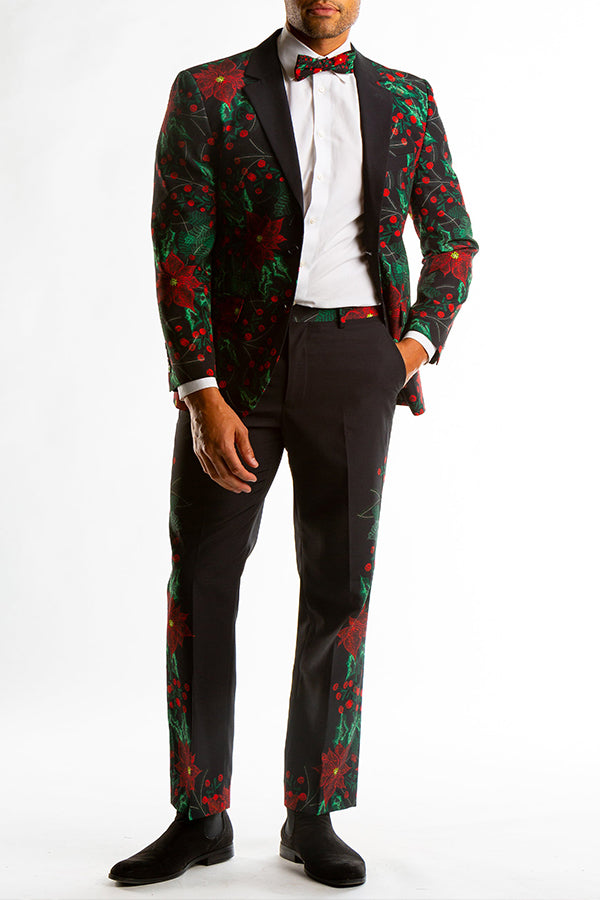 Christmas Poinsettia Print Notch Lapel Blazer