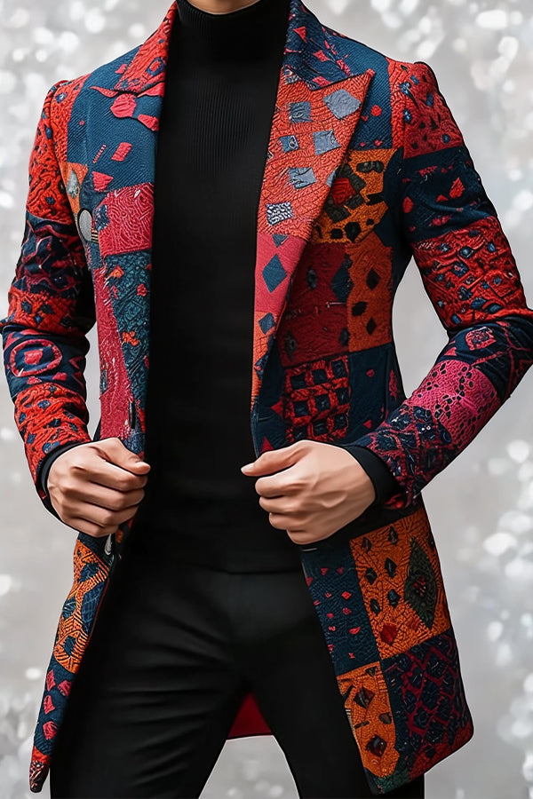 Unique Patchwork Printed Peak Lapel Midi Blazer