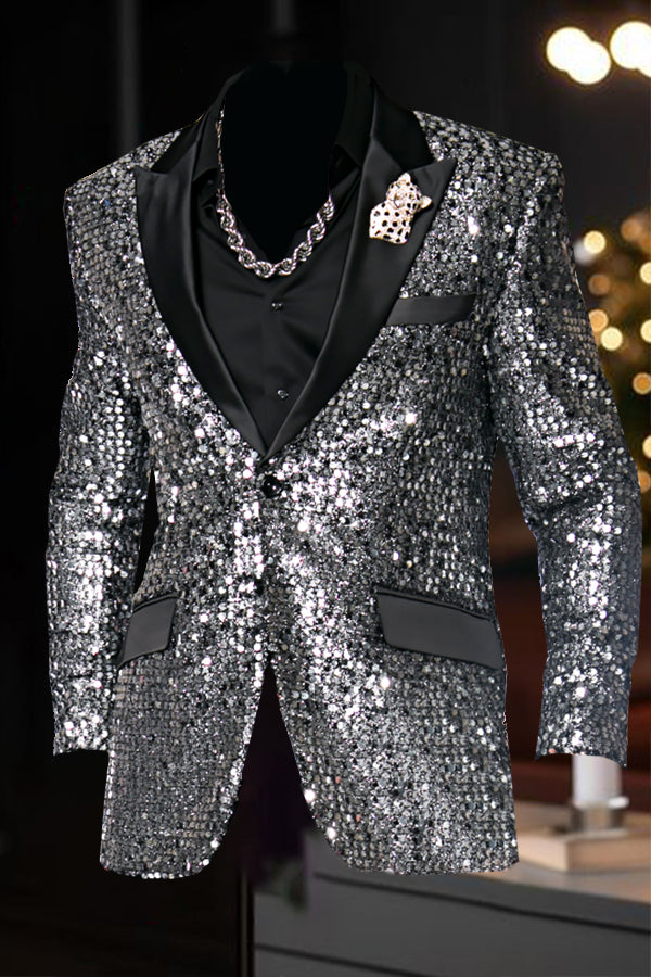 Stylish Peak Lapel Sequin Long Sleeve Blazer