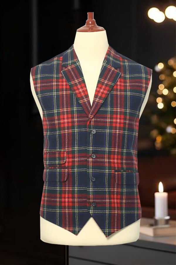 Christmas PNotch Lapel Tartan Check Vest 