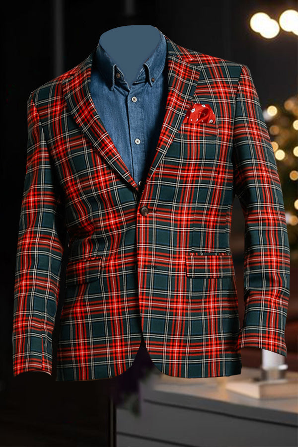 Christmas Green Plaid Notch Lapel Blazer