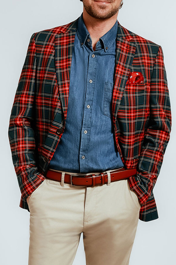 Christmas Green Plaid Notch Lapel Blazer