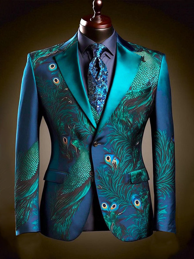 Luxurious Peacock Print Long Sleeves Blazer