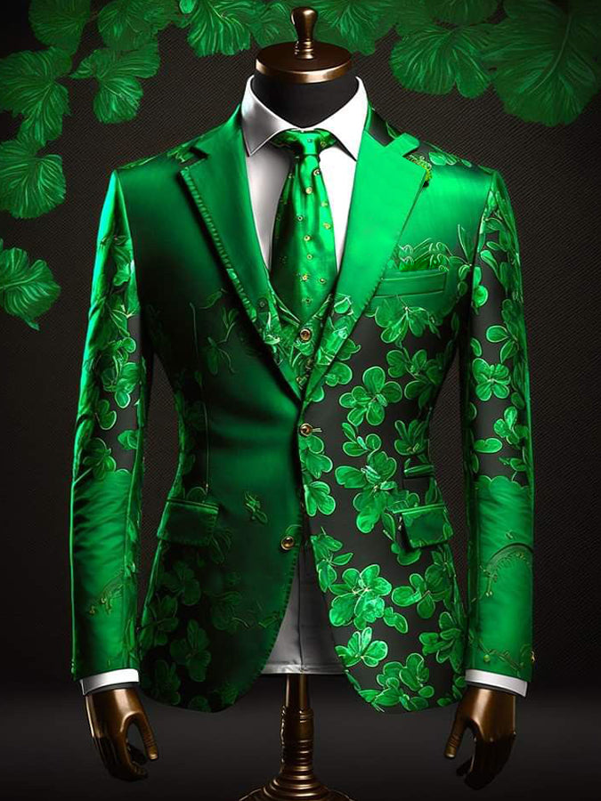 Lucky Four Leaf Clover Print Long Sleeves Blazer