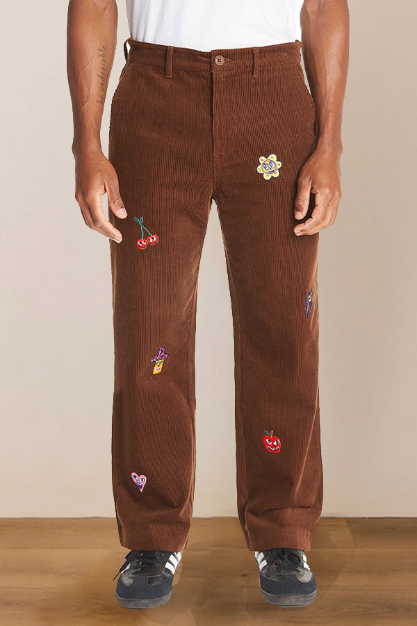 Retro Graphic Print Straight Leg Corduroy Pants