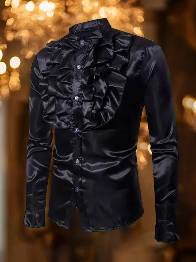 Elegant Ruffle Long Sleeve Satin Shirt