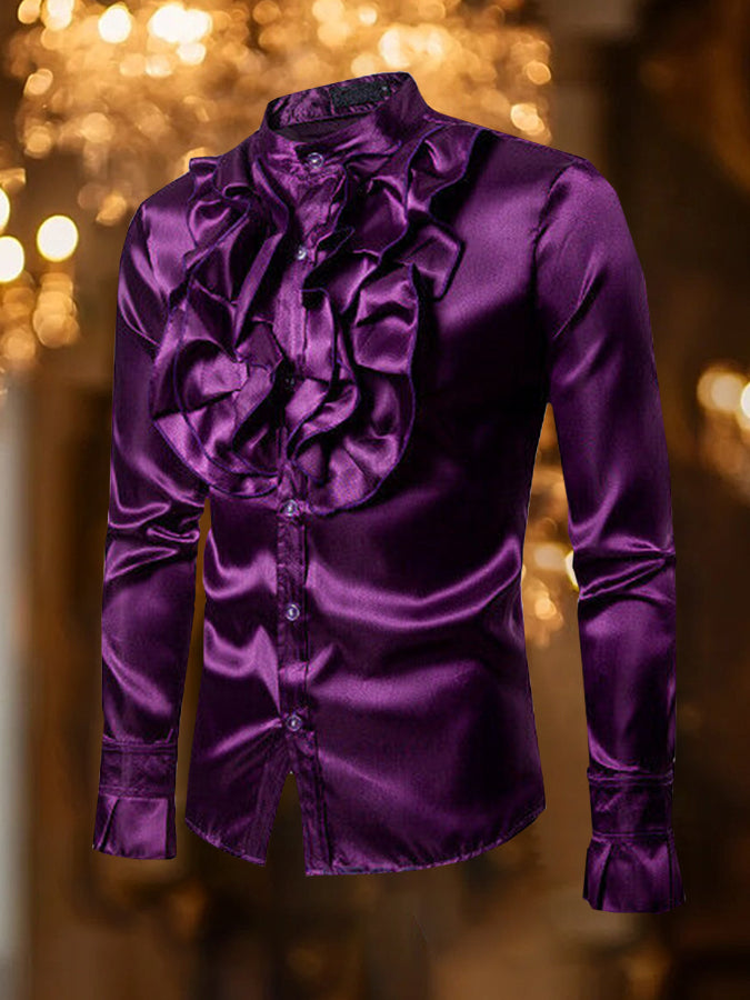 Elegant Ruffle Long Sleeve Satin Shirt