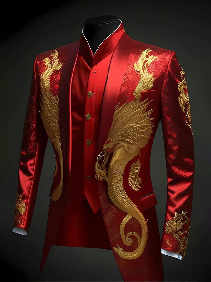 Chic Dragon Print Birthday Satin Blazer