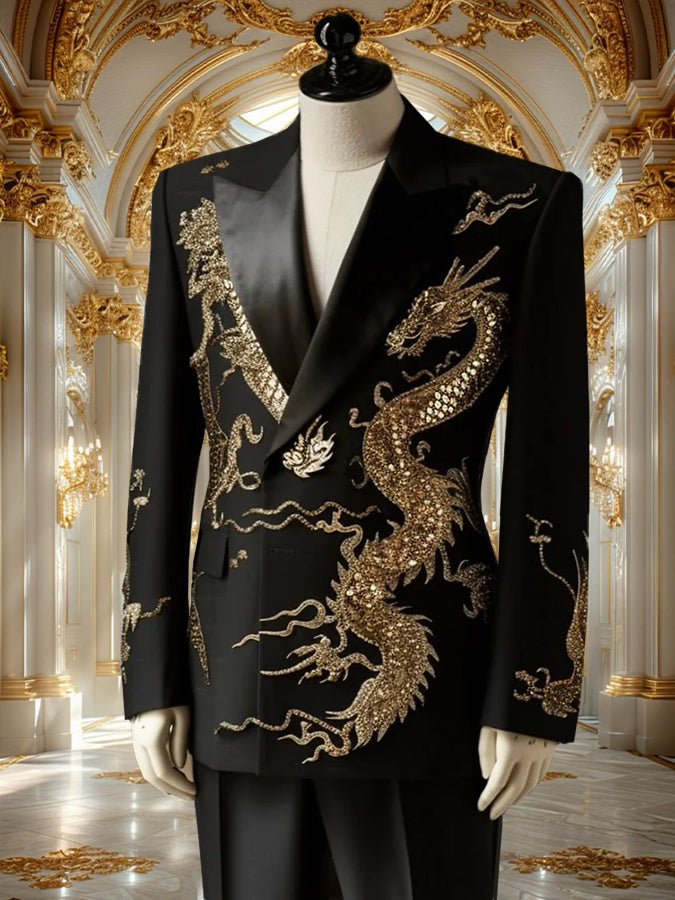 Retro Dragon Print Long Sleeves Satin Blazer