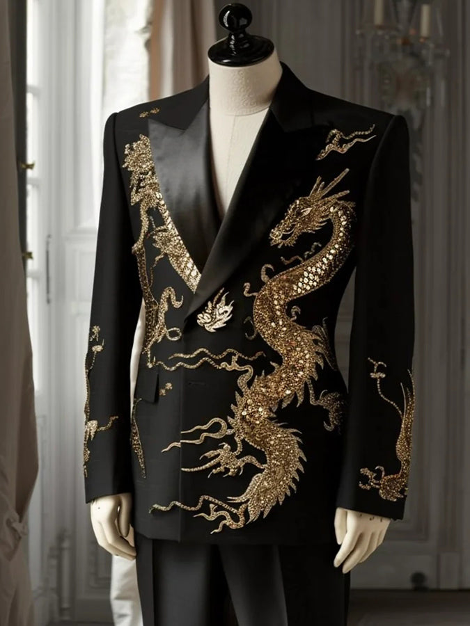 Retro Dragon Print Long Sleeves Satin Blazer