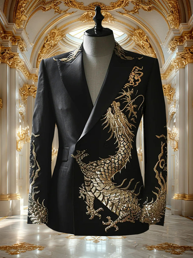 Retro Dragon Print Satin Double Breasted Blazer