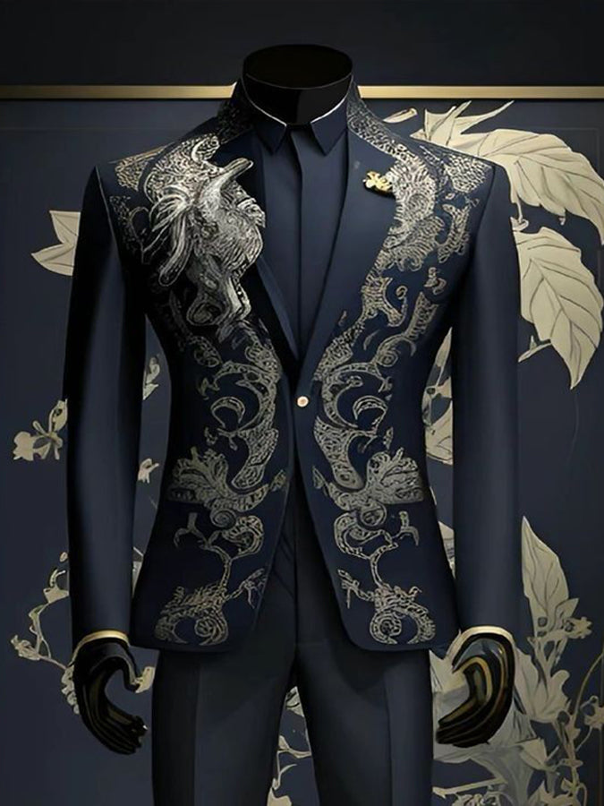 Classic Dragon Print Long Sleeves Satin Blazer