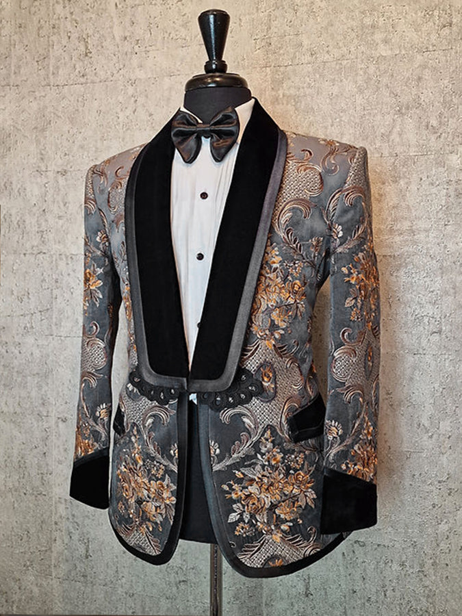 Retro Floral Print Velvet Collar Satin Blazer