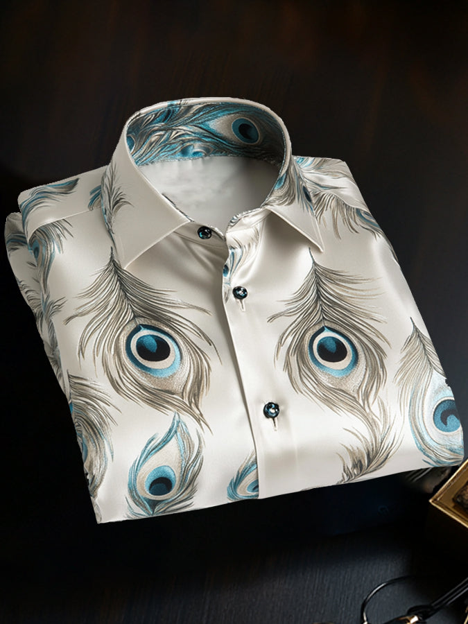 Exquisite Peacock Feather Print Long Sleeved Satin Shirt