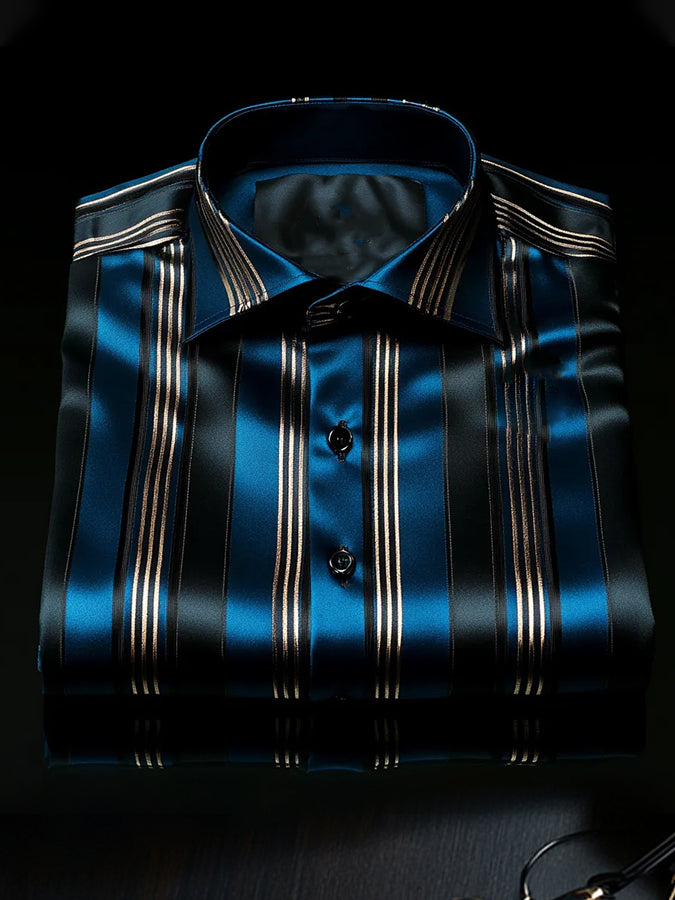 Classic Striped Print Long Sleeved Satin Shirt