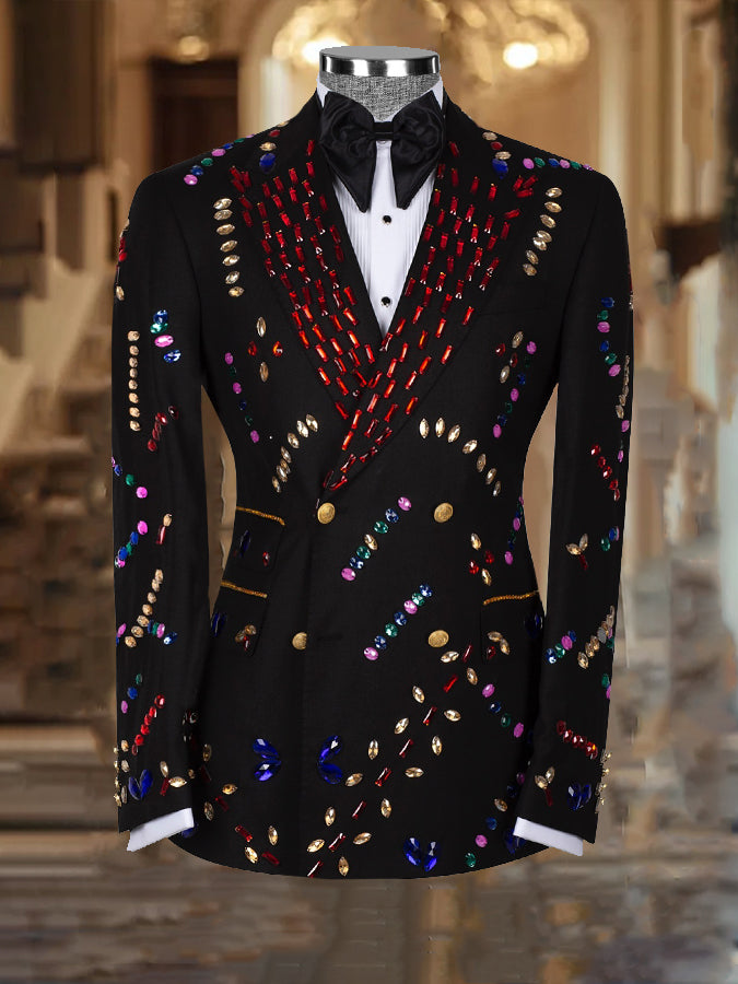 Party Colorful Rhinestone Print Peak Lapel Blazer