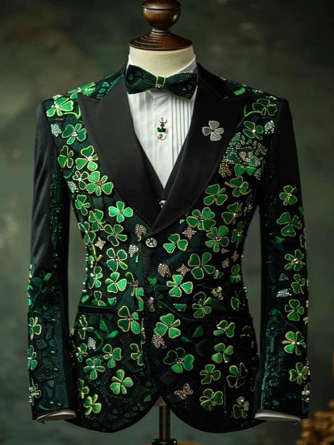 Lucky Four Leaf Clover Print Long Sleeves Blazer