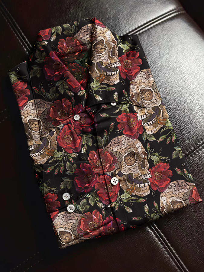 Romantic Skull Rose Print Long Sleeves Shirt