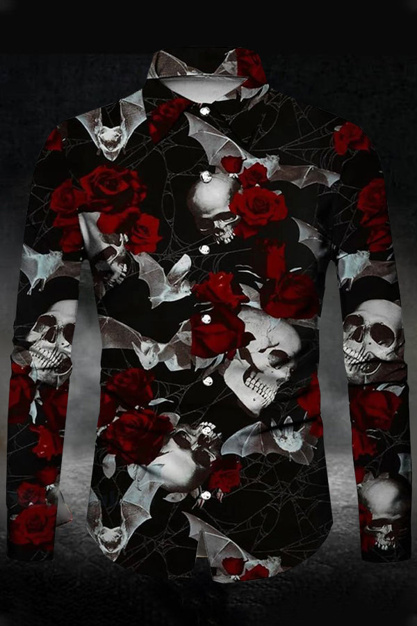 Romantic Skull Rose Print Button Front Shirt