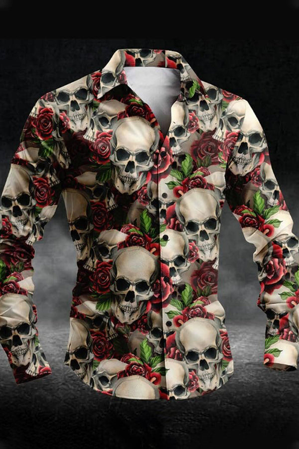 Romantic Skull Rose Print Button Front Shirt