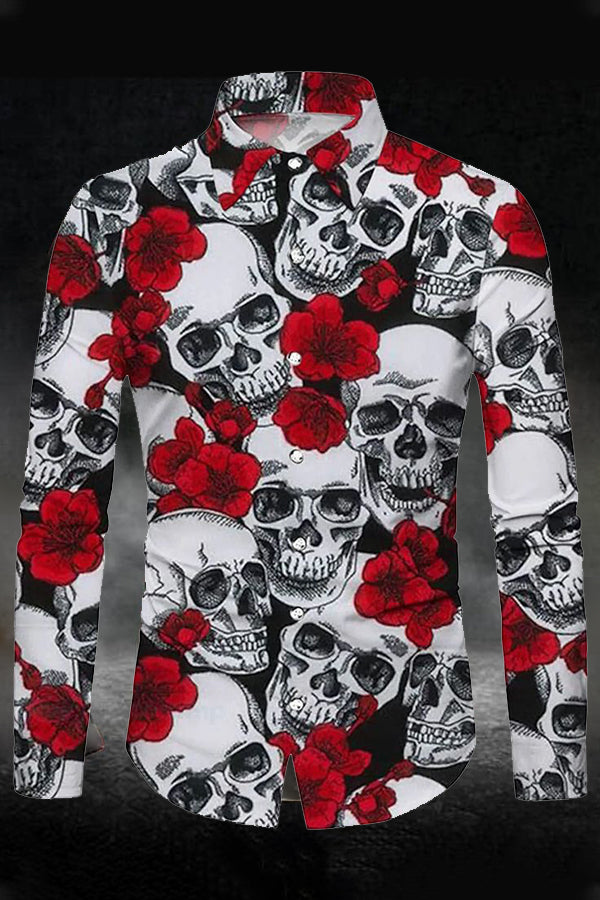 Romantic Skull Rose Print Button Front Shirt