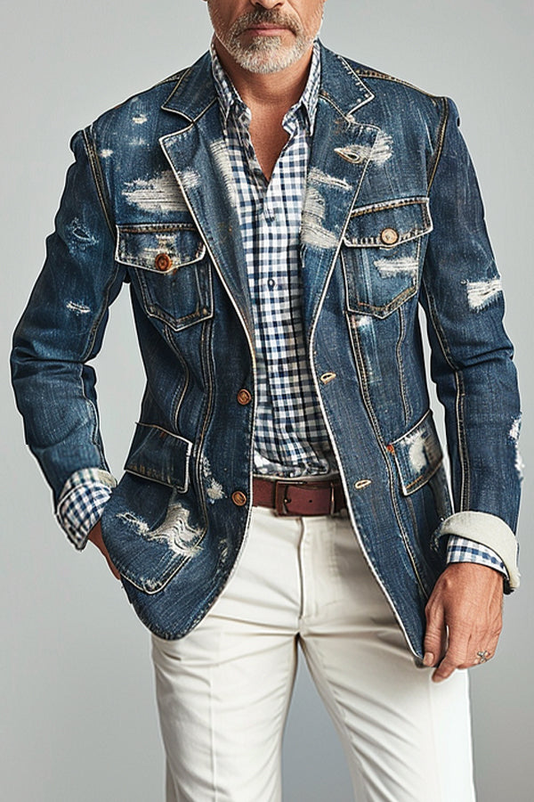 Vintage Ripped Denim Single Breasted Blazer