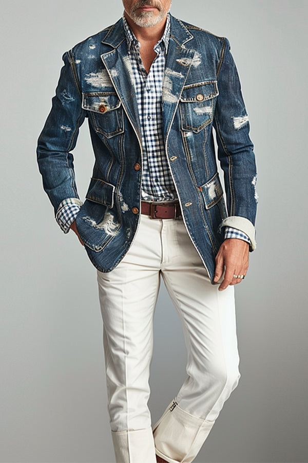 Vintage Ripped Denim Single Breasted Blazer