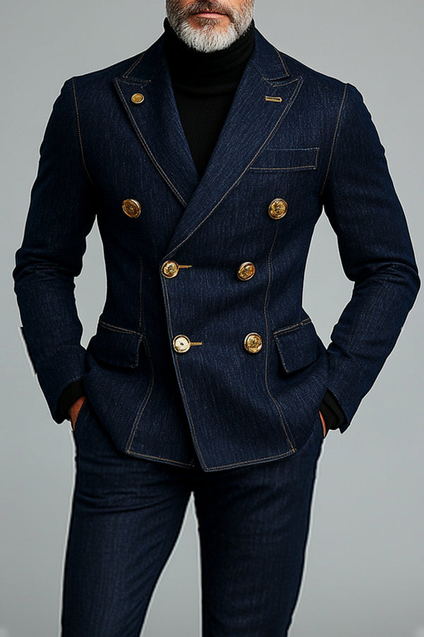 Business Peak Lapel Flap Pocket Denim Blazer