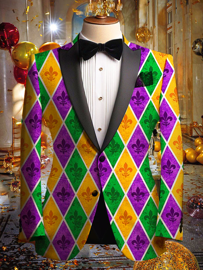 Mardi Gras Argyle Pattern Long Sleeves Blazer