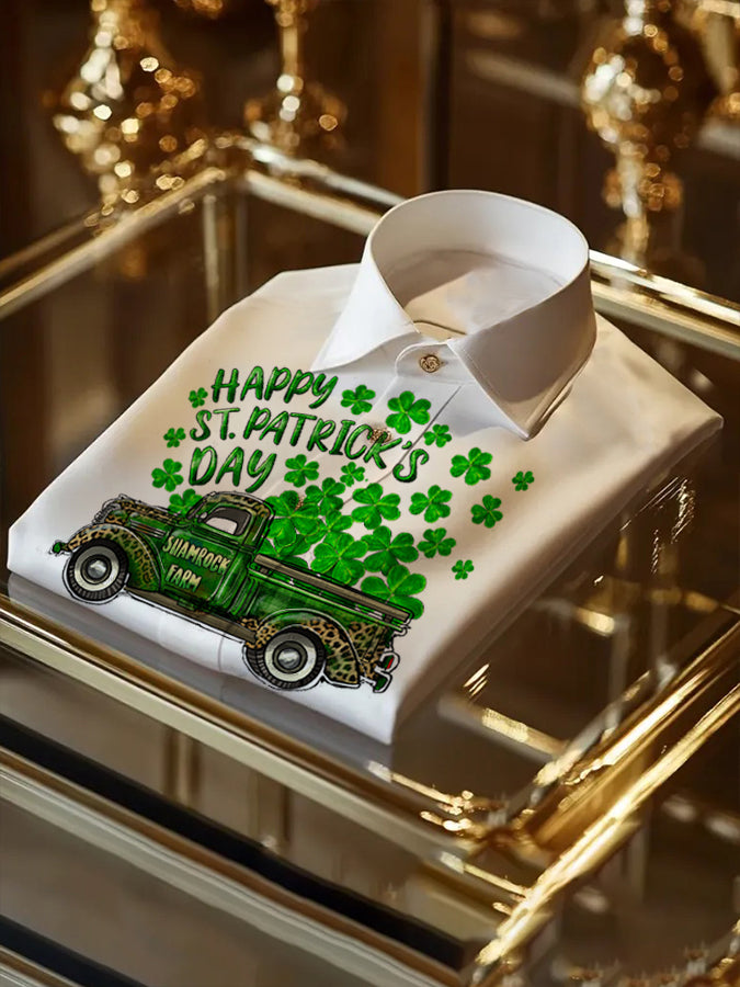 St. Patrick's Day Truck Clover Pattern Long Sleeve Shirt