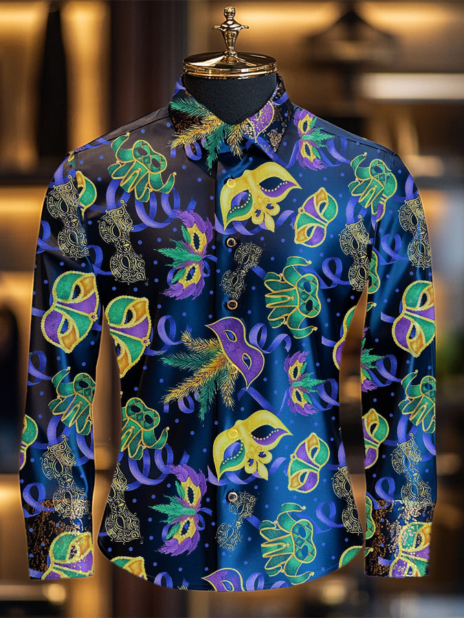 Mardi Gras Prom Mask Print Long Sleeve Shirt