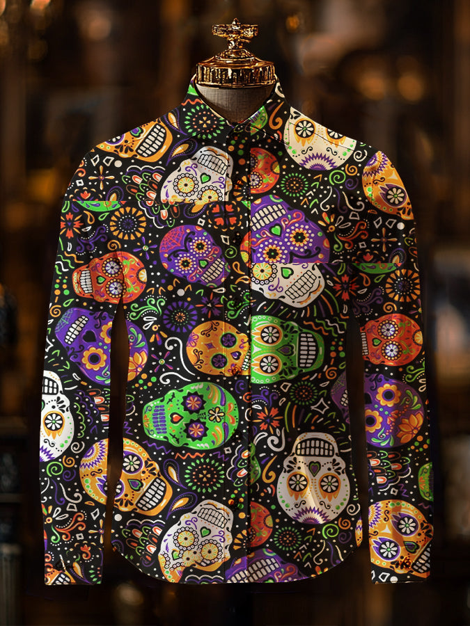 Mardi Gras Various Skeletons Print Long Sleeve Shirt